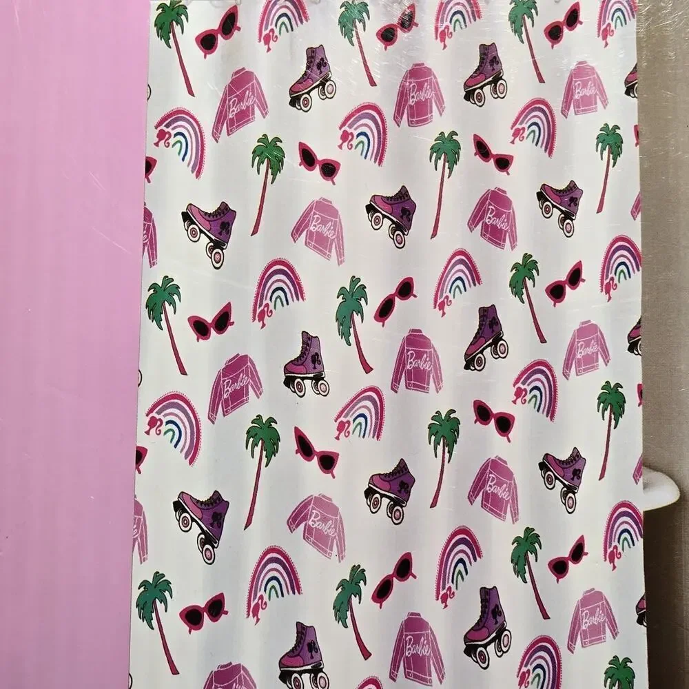 NEW Barbie Fabric Shower Curtain 72x72” Rainbows Skates Palm Trees Sunglasses